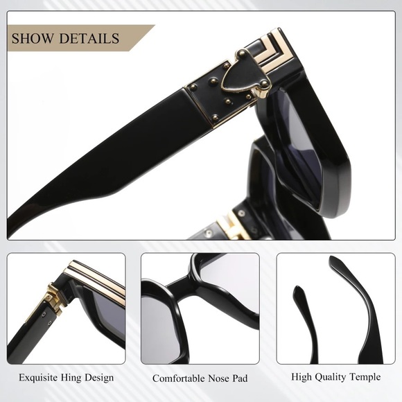 Luxury Brand Men Designer Square Sunglasses Glasses Black Gold Silver - Picture 5 of 15